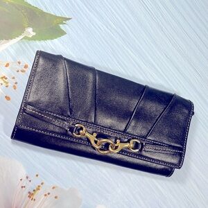 🌺 COACH BLACK LEATHER PLEATS BELTED BRASS BIFOLD WALLET VINTAGE